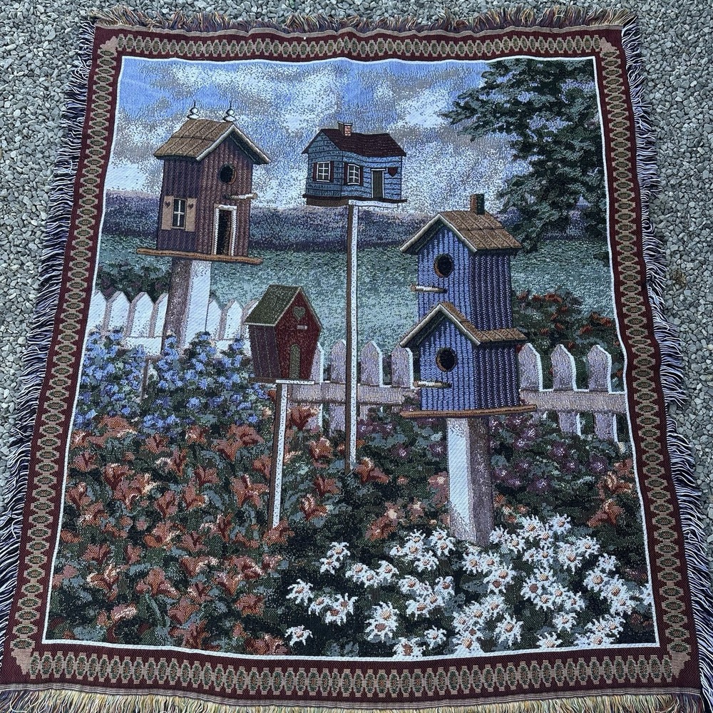 Vtg Birdhouses In A Flower Garden Throw Blanket Afghan 48x56 Tapestry Bird House